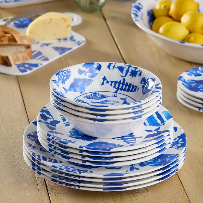 Fish Tale 12 Pc. MELAMINE DINNERWARE SET, SERVICE for 4 – Cobalt Blue Fish School, Outdoor Plates Bowls, Shatterproof Coastal Dining, Poolside Patio Entertaining, Mediterranean Dreams for Every Meal