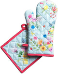 Maison d' Hermine 100% Cotton Oven Mitt & Pot Holder Set (7.5"x13" & 8"x8") Heat Resistant BBQ Cooking Gloves with Loop Grilling Kitchen Gifts for Mothers Day Spring/Summer (Jardin D'Ete - Mint)
