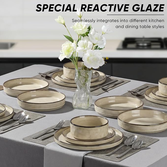 E-far 8-Piece Plates and Bowls Sets with Pasta Bowls - Stoneware Dinnerware Set for 2, Modern Ribbed Dishes, Microwave & Dishwasher Safe, Sandy Khaki