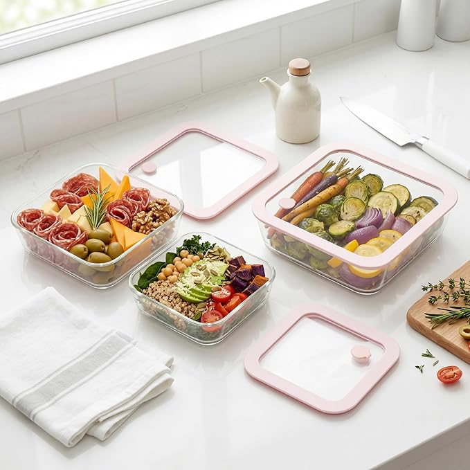 Urban Green Glass Food Container Set with Silicone Glass Lid, 3 Pack, Square Shape, Airtight, LeakProof, 100% Plastic Free, Meal Prep Food Storage Containers