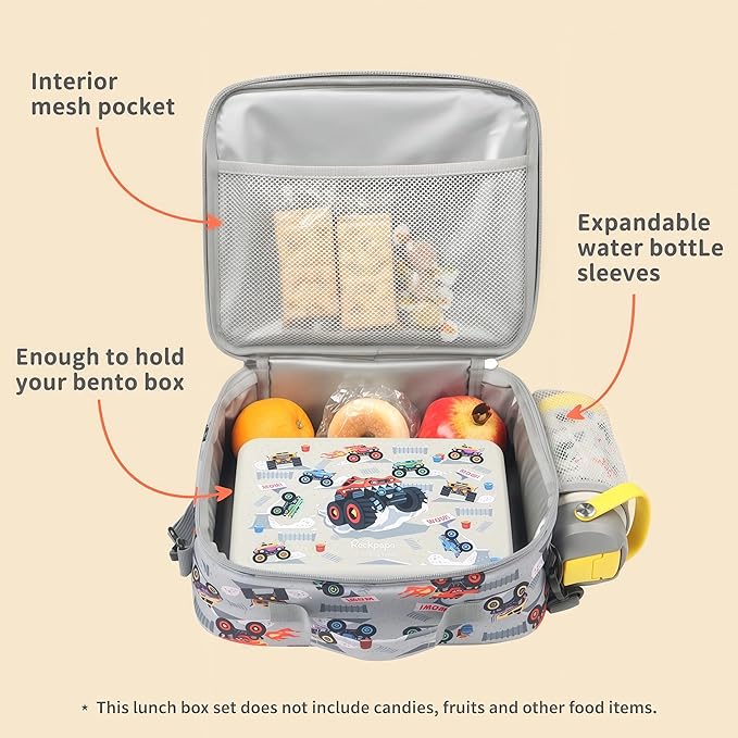 rockpapa Kids Lunch Box Set with 14oz Insulated Water Bottle & Lunch Bag, Leakproof 5.5 Cups Bento Box for School & Children, BPA-Free, Microwave Safe for Boys Girls (Grey Trucks)