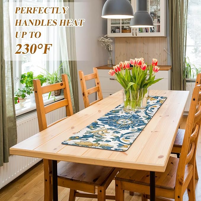2 in 1 Table Runner Trivet for Hot Pots and Pans Heat Resistant Non Slip Waterproof 39 x 12 Inch Decorative Table Protector for Kitchen Countertop Floral Blue and Yellow Tile