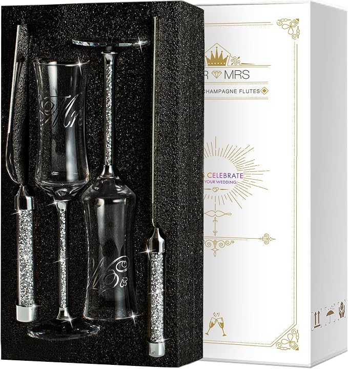 Wedding Champagne Flutes and Cake knife Server Set, Mr and Mrs Champagne Flutes, Bride and Groom Champagne Glasses and Cake Cutting set for Wedding Gifts