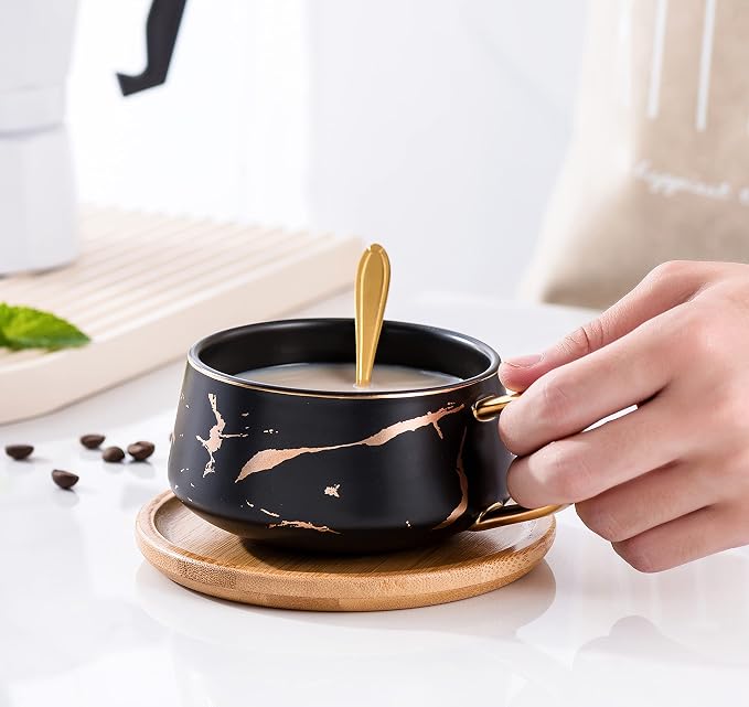 Jusalpha 10 oz Golden Hand Print Tea Cup And Saucer Set/Coffee Cup And Bamboo Saucer Set TCS19 (Black)