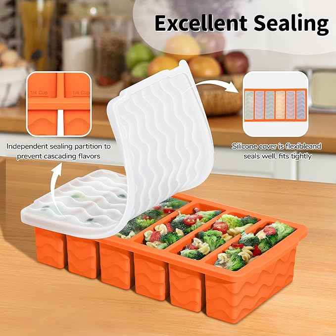 3-Pack Silicone Freezer Trays with Lid,2 Large 2-Cup(500ml)&4 Medium 1-Cup(125ml)&6 Small 1/2-Cup(75ml) Soup Freezer Container Molds,Ice Cube Tray For Meal Prep&Freezing Soup,Stews,Sauces