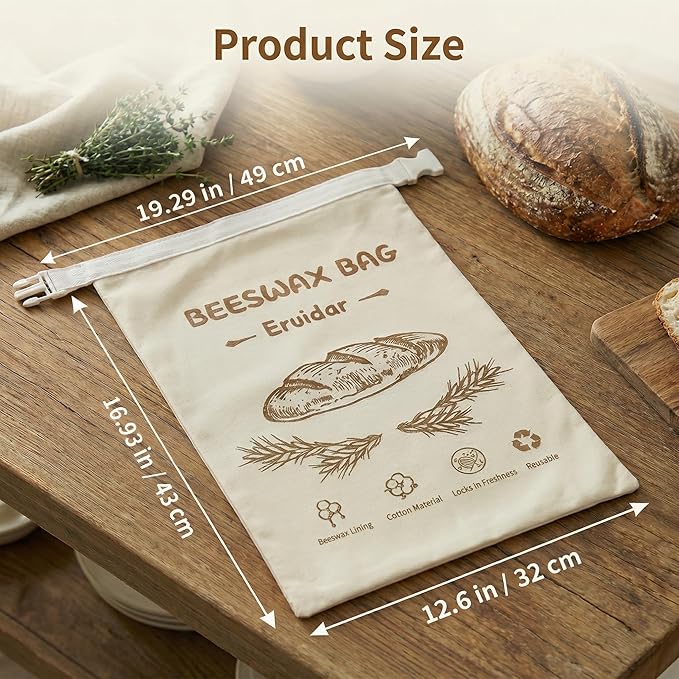 Beeswax Bread Bags for Sourdough & Homemade Bread (2 Pack), XL 13"x17" Large Reusable Cotton & Linen Bread Bag, Keep Loaves Fresh Longer, Natural & Easy to Clean(Rustic Bread Print)