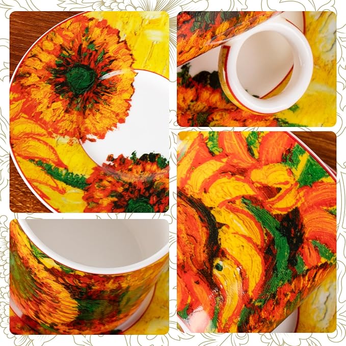 KAMMAK Tea Cups and Saucers Set of 2, Porcelain Coffee Cups, Stackable Espresso Mugs, Ceramic Demitasse for Coffee, Cappuccino, Latte, Americano, Tea, Small - Sunflower Oil Painting