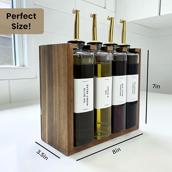 The Oil Library | Glass Oil & Vinegar Bottles with 100% Acacia Wood Stand | 4 Containers, 5 Gold Nozzles & 35 Stain-Resistant Labels | Countertop Display Set