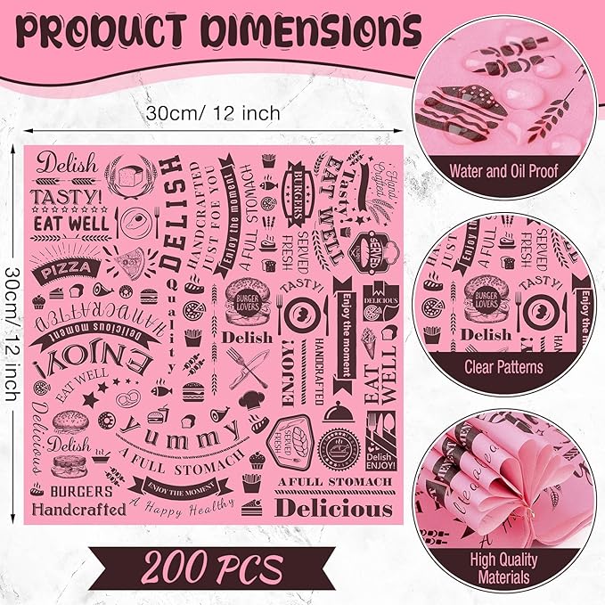 Marspark 200 Pcs Deli Wax Paper Sheets 12 x 12 Inches Square Grease Resistant Tray Basket Liners Hot Dog Wrappers Newsprint Water and Grease Proof Sandwich Wrapping Paper for Food Baking (Pink Black)
