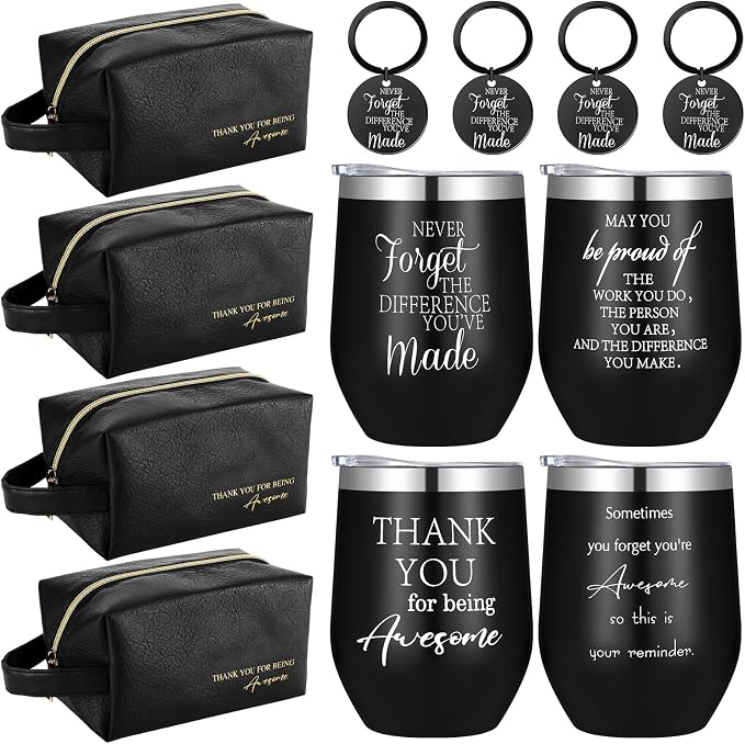 DERTE 4 sets Thank You Gift for Men Christmas Appreciation Gifts 12 oz Stainless Steel Tumbler with Toiletry Bag Inspirational Keychain for Male Teacher Employee Coworker Staff Fathers Day
