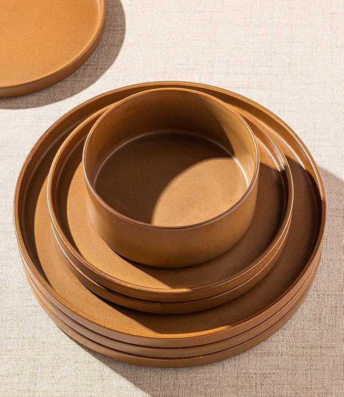 LERATIO Ceramic Dinnerware Sets for 4, High Edge Stoneware Plates and Bowls Set, Chip and Crack Resistant | Oven & Dishwasher & Microwave Safe Dishes Set, Service for 4 -Caramel