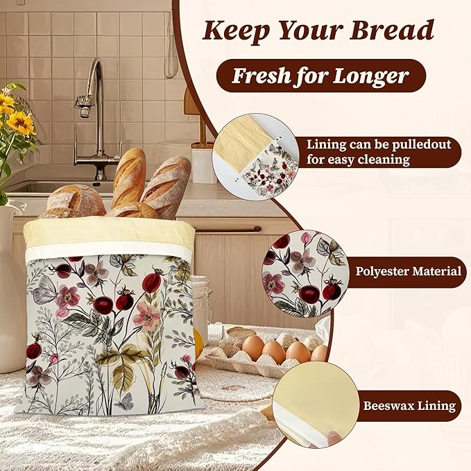 Bread Bags for Homemade Bread- Vintage Flower Butterfly 2 Pack Linen and Beeswax Sourdough Storage Bags, Reusable Keeper, Keeps Breads Fresh Longer, Gifts for Bakers