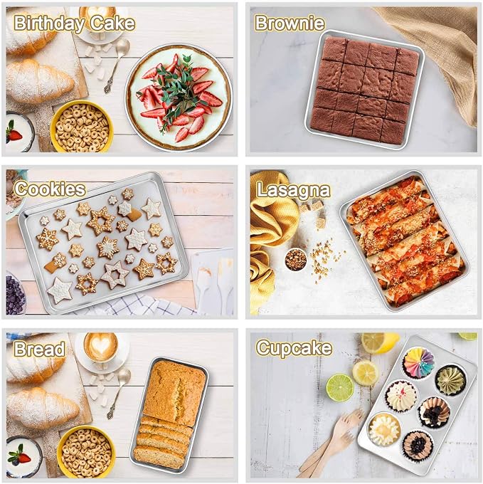 TeamFar Stainless Steel Bakeware Set of 11, Toaster Oven Baking Pan Set, Lasagna Pan, Square & Round Cake Pan, Loaf Pan & Muffin Pan, Healthy & Heavy Duty, Dishwasher Safe & Smooth