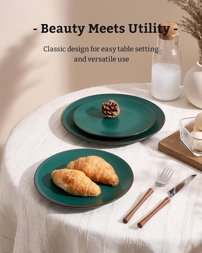 Famiware Venus Plates and Bowls Sets with Trim, 18 Pieces Speckled Stoneware Dinnerware Set for 6, Matte Dark Green - Modern Minimalist, Microwave & Dishwasher Safe Dishes for Everyday & Formal Dining