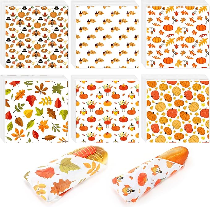 Reallnaive 600 Pcs Thanksgiving Theme Wax Paper Sheets 12 x 12 Inch Parchment Deli Tissue Paper Sandwich Wrapping Sheets Food Basket Liners for Kitchen Restaurant Baking Supplies, 6 Styles