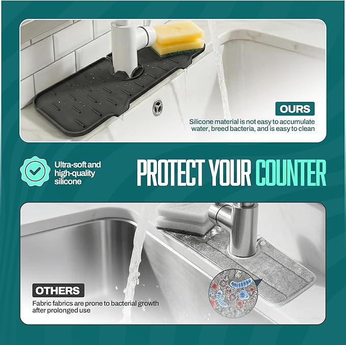 3-Pack Silicone Faucet Mat (14.75”) for Kitchen & Bathroom Sink, Extra-Wide Drip Catcher & Splash Guard Set, Quick-Draining Countertop Protector for Sponge, Soap, and Accessories