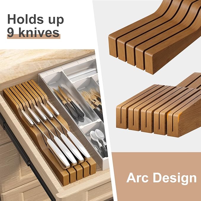 In-Drawer Knife Block Organizer - Bamboo Wood Drawer Knife Organizer-Protecting Knife Organizer Block (Not Included) (Brown, 9 Knives Dock)
