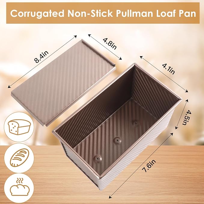 2pack Pullman Bread Pans with Lid, 1LB Capacity, Aluminized Steel Bread Loaf Pan, Non-Stick, Easy Release Sandwich Bread Loaf Pan for Baking Homemade Bread