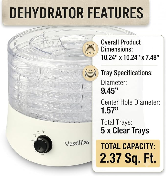 Small Food Dehydrator Dryer - Dehydrator for Healthy Food, Meat, Jerky, Fruit, Vegetable, Mushroom and Herb, 280W, 158°F, Mini Dryer with 5 BPA-Free Drying Trays, White, Model 704M