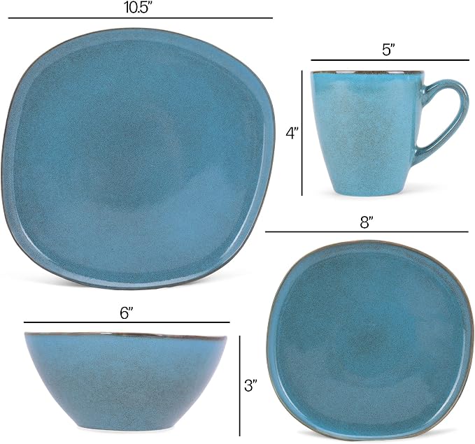 Elanze Designs 16-Piece Modern Luxury Chic Smooth Vintage Handmade Shape High Gloss Ceramic Stoneware Square Plate Mug & Bowl Kitchen Dinnerware 16 Piece Set - Service for 4, Turquoise