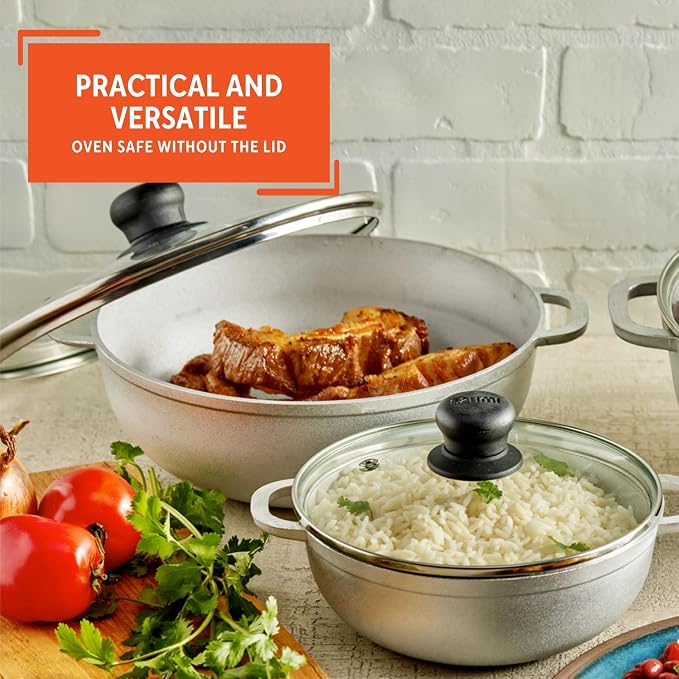 IMUSA Colombian 3 Piece Caldero Set with Glass Lids, Cast Aluminum Dutch Oven Pots, 1.5Qt 3.5Qt and 7Qt Traditional Hispanic Cookware for Rice, Beans, Soups, Stews, and Braised Meals
