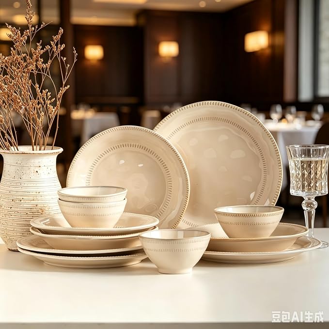 4-piece Ceramic Dinnerware Set with Active Glaze, Modern Shaped Tableware Set Suitable for Kitchen, Microwave, Dishwasher, and Oven, Scratch-resistant, Apricot Color