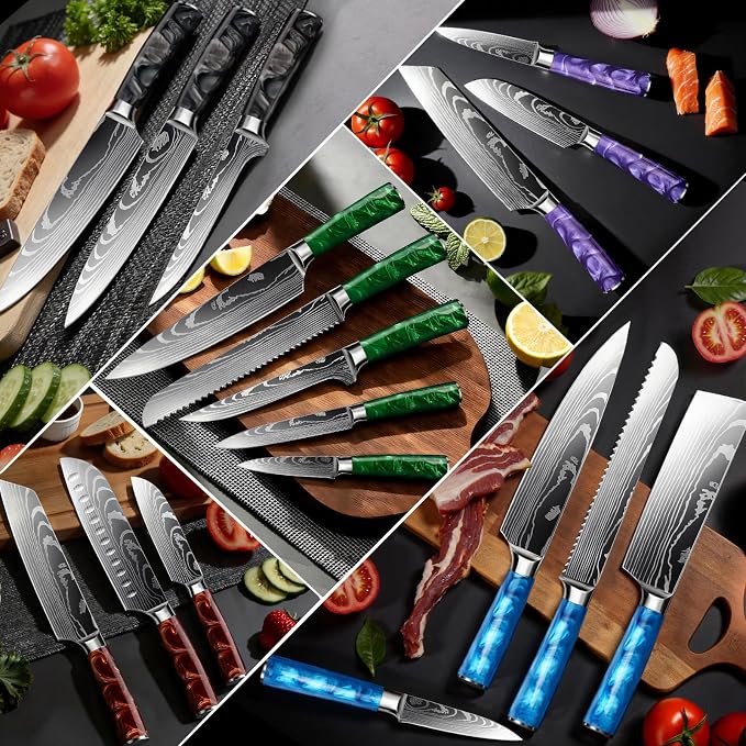 10-Piece Premium Japanese Kitchen Knife Set - Star Collection, Laser Damascus Pattern, 440A Stainless Steel Ultra Sharp for Fast Cutting (Green)
