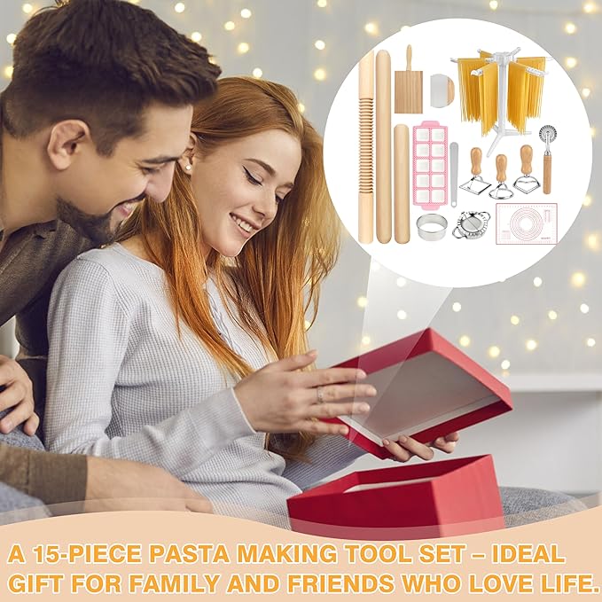 TREWAVE 15 Pcs Pasta Making Tools Set, Homemade Pasta Making Kit Includes Ravioli Maker Mold, Gnocchi Board, Pasta Drying Rack, Red Pastry Mat and Rolling Pin for Beginners & Home Chefs