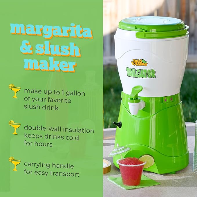 Nostalgia Taco Tuesday Tailgator Margarita Machine - Blender for Smoothies, Margaritas, Daiquiris, and Slushies - White/Lime Green - 128-Ounce - 10" D x 12" W x 9" H