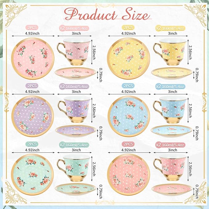 Teenyyou Set of 12 Tea Cups and Saucers Tea Party Decorations Floral Porcelain 5.4 oz British Gift for Women Birthday Party, Church, and Mother's Day (Vintage Style)
