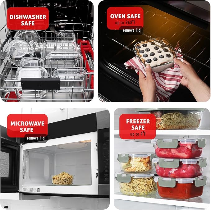 Nestl 24pc Glass Storage Containers with Lids, 12 Glass Food Storage Containers with 12 Airtight Lids for Pantry & Kitchen, Meal Prep Containers for Lunch, Oven Microwave & Dishwasher Safe, Sage Green