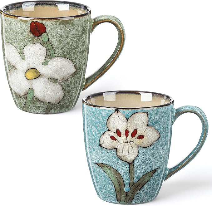 Maxdot 2 Pcs 12oz Ceramic Coffee Mugs Sets Glazing Process Cappuccino Mug Floral Ceramic Tea Cups Idea Gift Set for Women Porcelain Cup for Coffee, Cocoa, Tea, Latte (Retro) (Fresh)