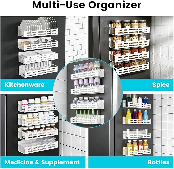 4 Pack Magnetic Baby Bottle Organizer for Refrigerator, Space Saving Bottle Organizer Rack, Durable Metal Shelves with 8 Hooks, Storage for Baby Bottles, Pacifiers, and Brushes