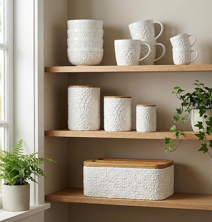 25DOL 16 oz Ceramic Coffee Mugs Set of 4 – Embossed Nature-Inspired Design, Comfortable Grip Handle – Large Latte & Tea Cups, Modern Farmhouse Style – Microwave & Dishwasher Safe