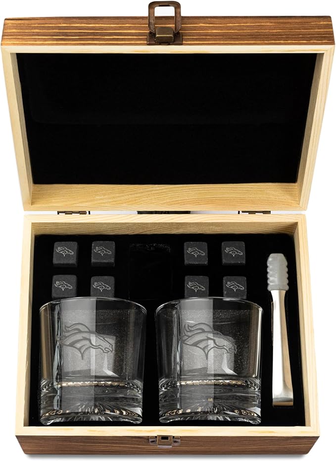 The Memory Company Officially Licensed NFL Wood Boxed Drinkware Set, with 2 Rocks Glasses and Cooling Cubes, Denver Broncos