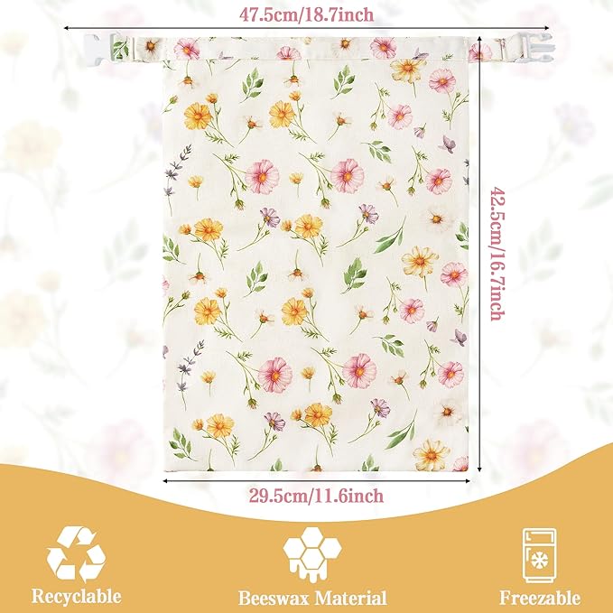Reusable Beeswax Bread Bags - 2 Pack Bees Wax Food Bag, Homemade Sourdough Bread Storage, 2-in-1 Linen Cotton Large Freezer Container Home Baking Accessories with Lining (Watercolor Flowers)