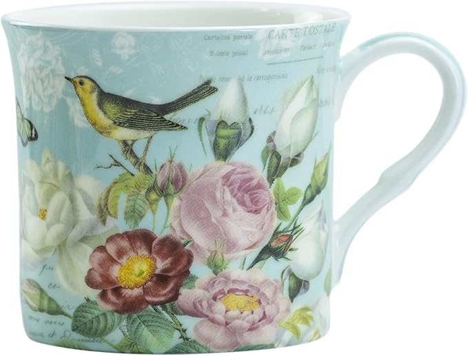 Bone China Coffee Tea Mugs 10-Ounce, Assorted (Botanical Bird Garden), 4 Count (Pack of 1)