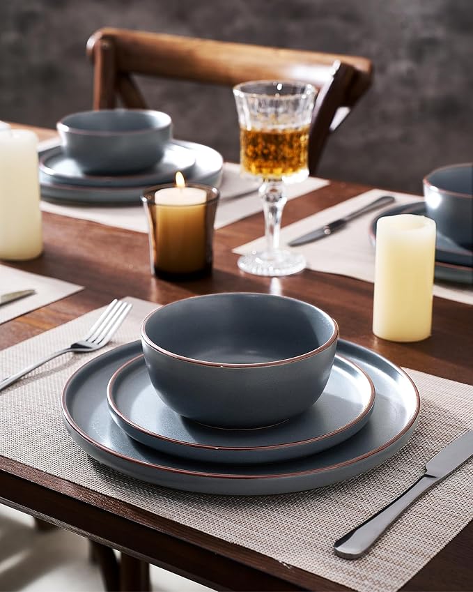 Famiware Mercury Dinnerware Sets with Pasta Bowls, Service for 6 (24 Pieces), Stoneware Plates and Bowls Sets, Microwave and Dishwasher Safe Dishes Set, Charcoal