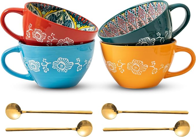 Boho Coffee Mug Set of 4 with Coffee Spoon, Ceramic Large Cups 15 oz/ 450ml, Porcelain Cups for Latte, Tea, Cappuccino, Cocoa, Soup, Dishwasher Microwave Safe, Gift Set Bohemian Style