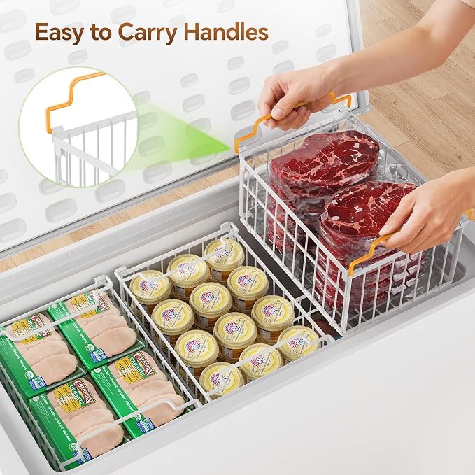 Freezer Organizer Bins, Enlarged Stackable Deep Chest Freezer Organizer Bins, Foldable Baskets with Handles, Storage Container Baskets for 5 to 9 Cu.FT Deep Freezer Sort Frozen Meats (white 3 pack)