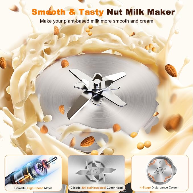 Nut Milk Maker Machine,10 in 1 Automatic Plant Based Milk Maker, 34oz Almond Milk Machine, 304 stainless steel with 12 Blades for Homemade Oat, Coconut, Chowder, Juice, Soy Milk Machine