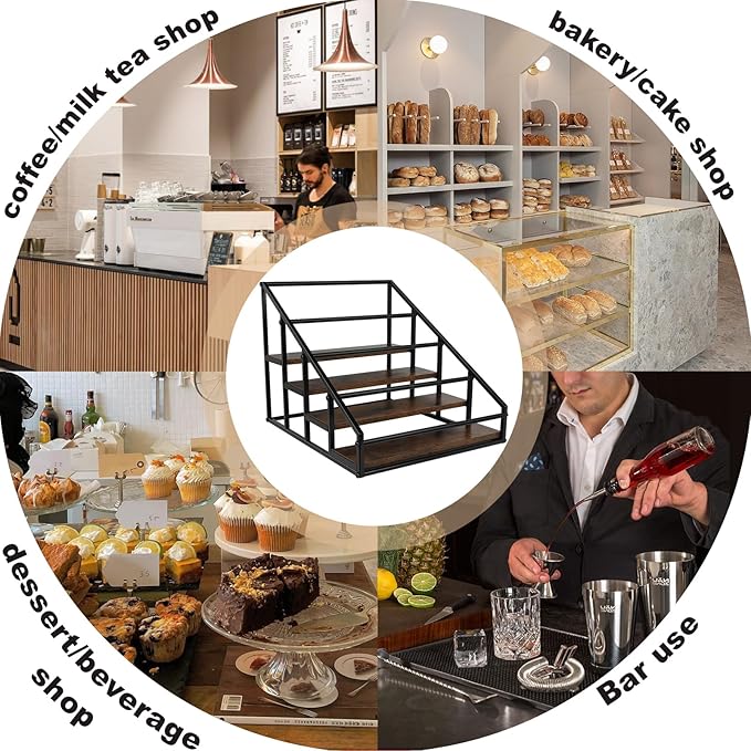 YQBRAO Coffee Syrup Rack Organizer,Liquor Bottle Display Shelf,Water cup display stand,Spice Rack Kitchen Cabinet Organizer,Rustic Brown,2 Packs 4 Tier 16 Bottle Coffee Syrup Holder