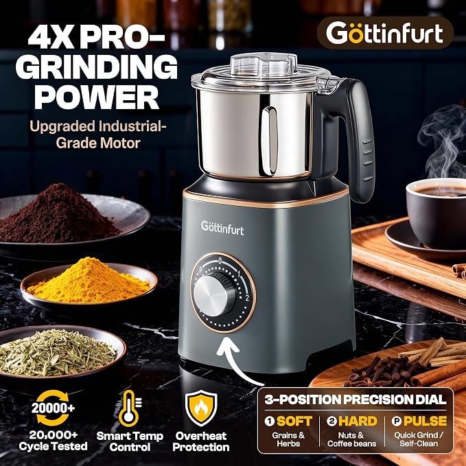 Upgraded Electric Spice Grinder, 800g Electric Grain Mill Grinder Coffee Herb Grinder with Powerful Motor, Stainless Steel Blades & Detachable Bowl, Flour Mill for Spices, Nuts, Grains, Coffee Beans