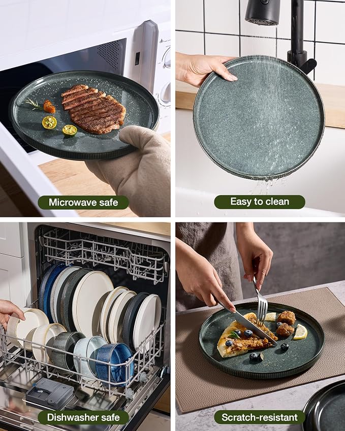 Famiware Star 16-Piece Stoneware Dinnerware Set, Service for 4, Reactive Glaze Mugs, Plates and Bowls, Dishes with Trim, Modern Rustic, Chip/Scratch Resistant, Microwave/Dishwasher Safe, Deep Forest