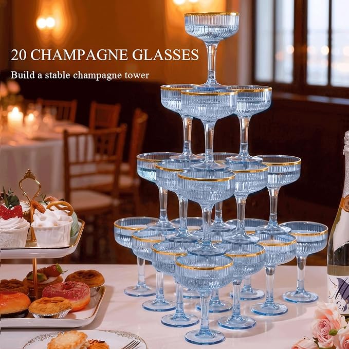 Goodluck 4-Tier Champagne Tower Glasses - 20 PCS 7oz Blue Plastic Champagne Flutes, Plastic Coupe Glasses with Vertical Stripes for Weddings, Celebrations, Parties & Birthdays(Gold Rim)