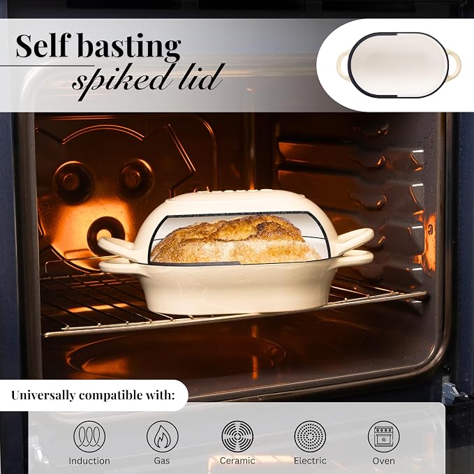 Dutch Oven For Sourdough Bread Baking – Enamelled Cast Iron Bread Loaf Pot – Oven Safe Non Stick Bread Pot – Rectangular, Cream, 24cm x 16cm – by Nuovva