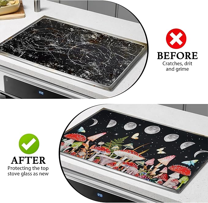 Farmhouse Mushroom Stove Top Covers for Electric Stove 20x28 Inch Farmhouse Heat Resistant Glass Top Stove Cover Washable Foldable Cooktop Protector