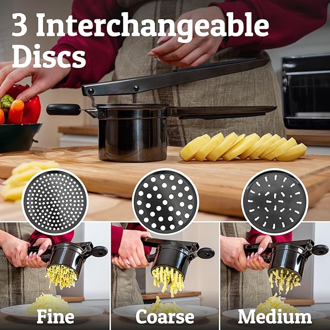 PriorityChef Large 15oz Potato Ricer With 3 Discs, Heavy Duty Stainless Steel Potato Ricer for Mashed Potatoes, Potato Masher, Press and Ricer Kitchen Tool, All Black