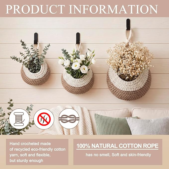 Honeydak Boho Decor Hanging Wall Baskets for Kitchen 3 Pack Teardrop Baskets with Hooks Storage Fruit Onion Vegetable Potato for Home 3 Sizes(White with Light Linen,Teardrop,Cotton Rope)