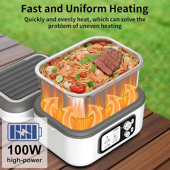Cordless Electric Heated Lunch Box, 1.5L - 6.3 Cups 100W Rechargeable Smart Self-Heating Food Warmer with Removable Divider, Spoon, Fork, BPA Free, Portable Lunchbox for Car Travel Office